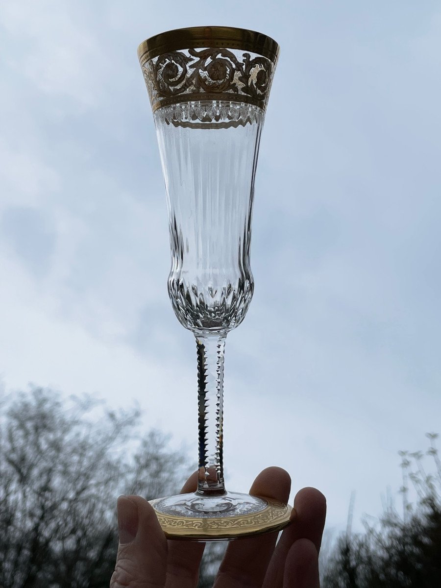 6 Champagne Flutes - Saint Louis Model Thistle Golden Crystal-photo-5