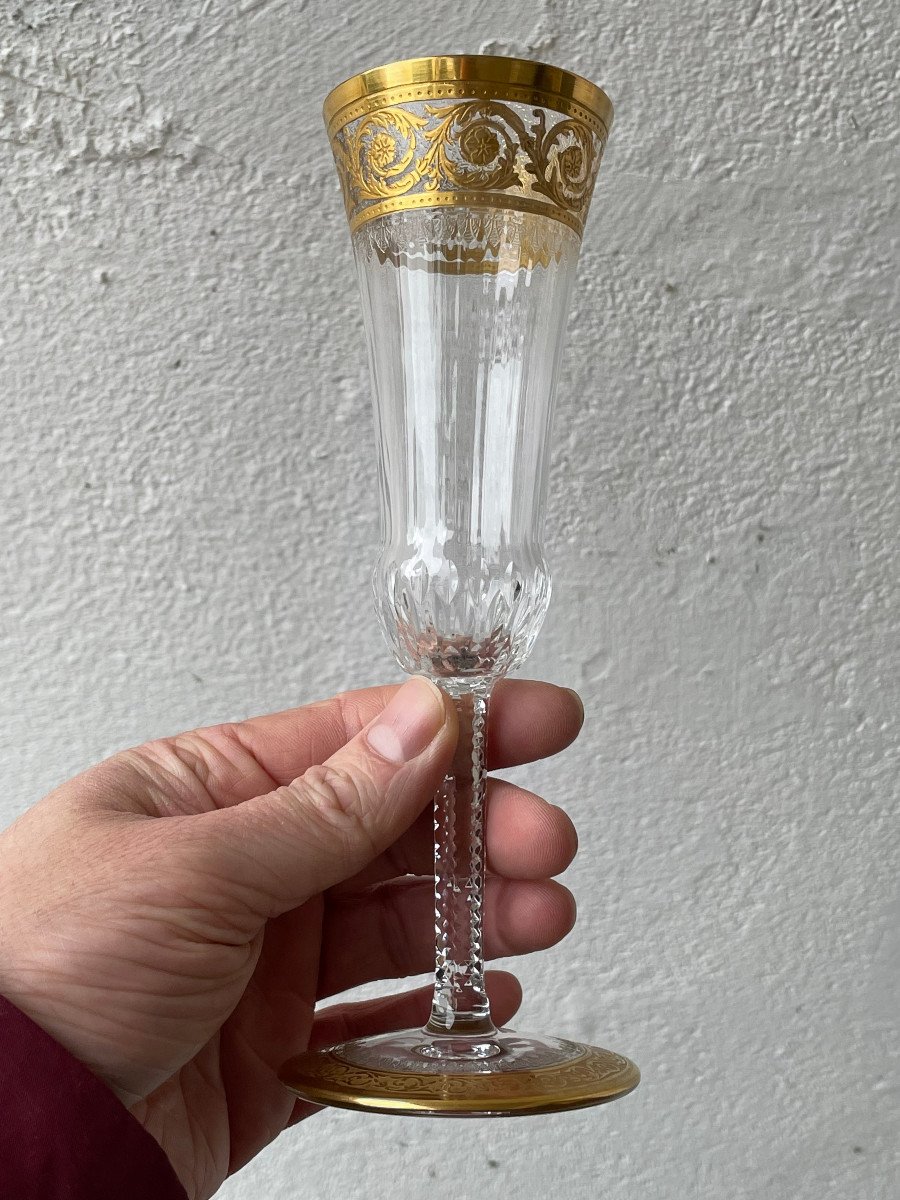 6 Champagne Flutes - Saint Louis Model Thistle Golden Crystal-photo-6