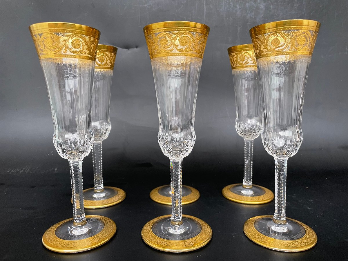 6 Champagne Flutes - Saint Louis Model Thistle Golden Crystal