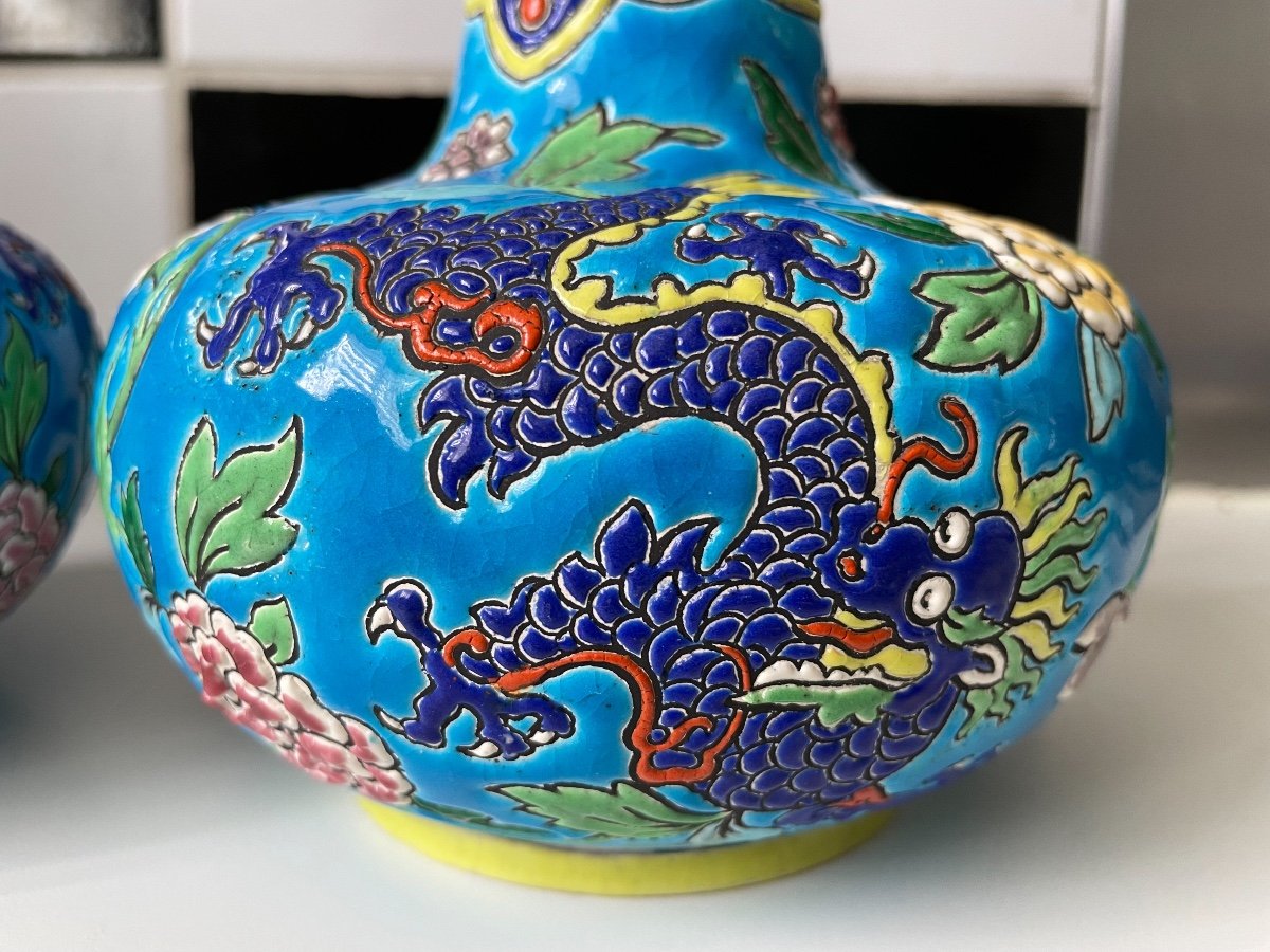 Emaux De Gien - Belle Paire De Vases Decor Dragon Chinoisant Japonisant -photo-2