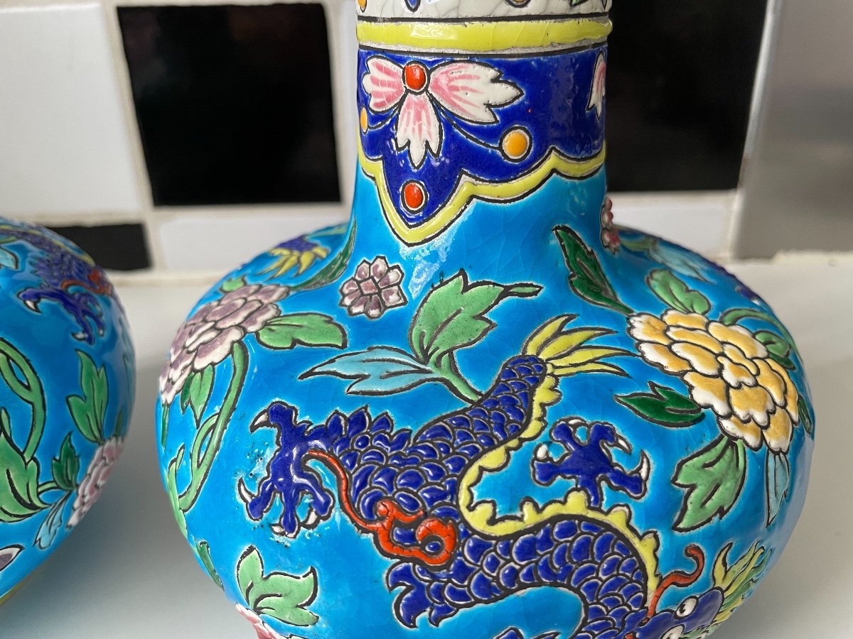 Emaux De Gien - Belle Paire De Vases Decor Dragon Chinoisant Japonisant -photo-3