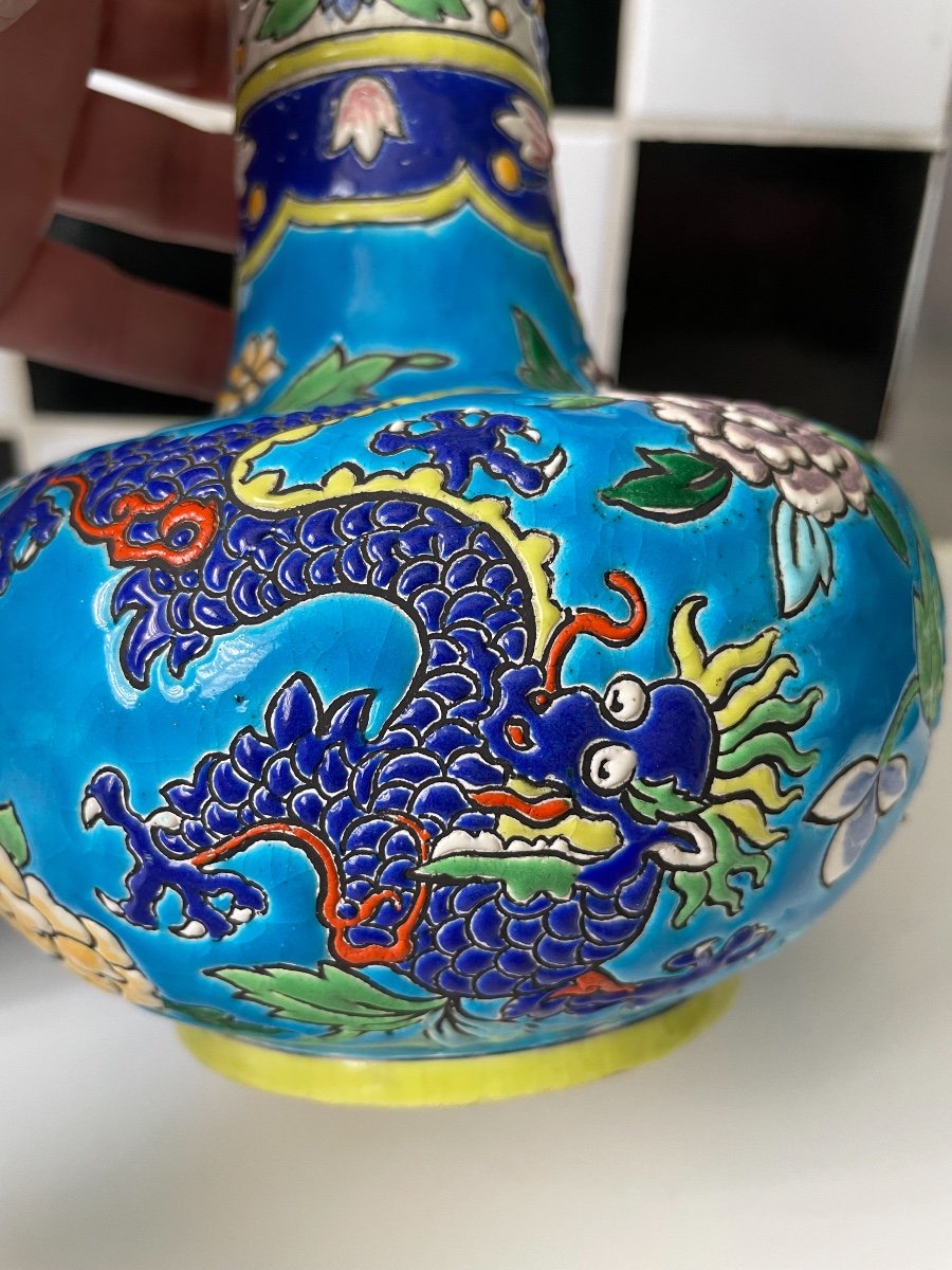 Emaux De Gien - Belle Paire De Vases Decor Dragon Chinoisant Japonisant -photo-1