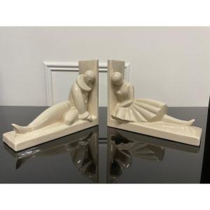 Robj - Pair Of Pierrot Colombine Art Deco Cracked Earthenware Bookends