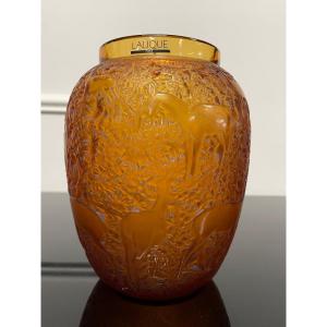 Lalique France - Vase Aux Biches Amber Crystal Art Deco Style