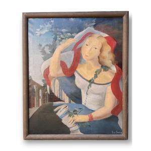 Jean Janin - Portrait De Femme Stylisé 1936 Huile Sur Toile