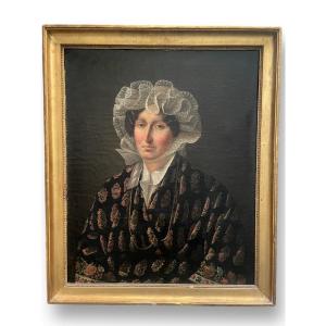 Portrait De Femme D’époque Charles X Huile Sur Toile Début XIXème