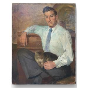 Portrait d'Homme Au Chat Vers 1940 Signé Claes Maurice Huile Sur Toile