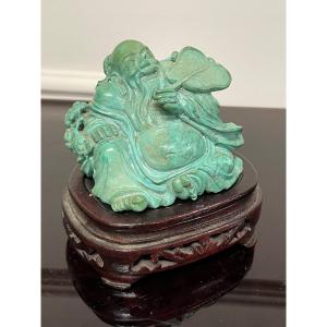 Chine - Bouddha Sculpture En Turquoise 20ème H: 6 Cm