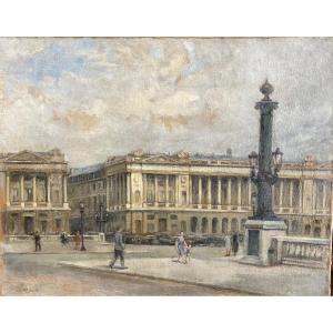 Peinture Vue De Paris - Place De La Concorde Vers 1940 Huile Sur Toile 