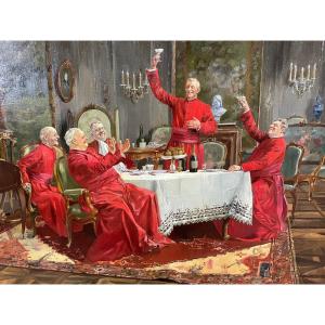 The Cardinals' Merry Meal - Oil Painting On Canvas 92 X 65 Cm