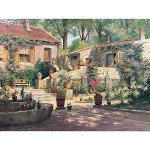 Pauline Elisabeth Delacroix Garnier - Villa And Flower Garden Oil On Canvas