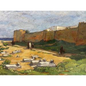 Geneviève Bascou Gavrel - Les Remparts D’hammamet Huile Sur Toile Orientaliste Tunisie