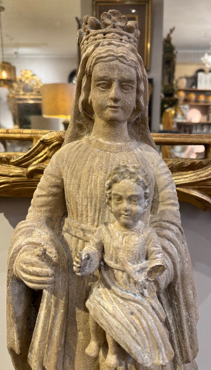 Vierge à l'Enfant En Pierre Calcaire XVIIème-photo-4