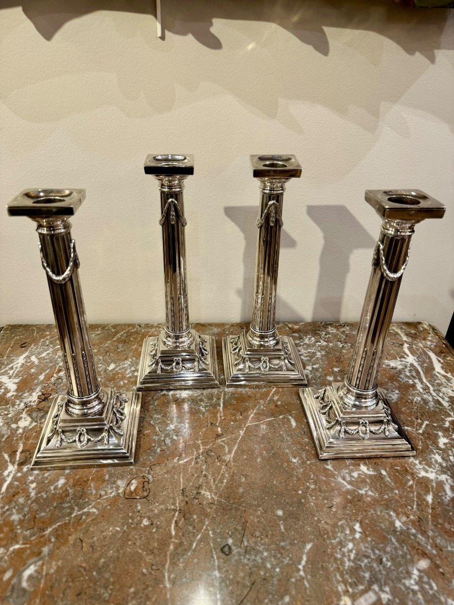 Set Of Four Candlesticks In Sterling Silver Late 18th-photo-3