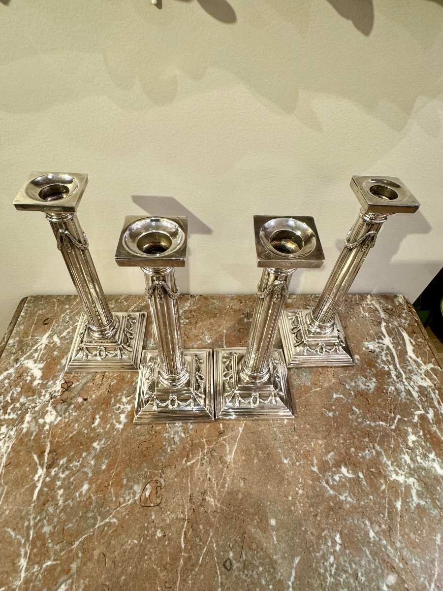 Set Of Four Candlesticks In Sterling Silver Late 18th-photo-4