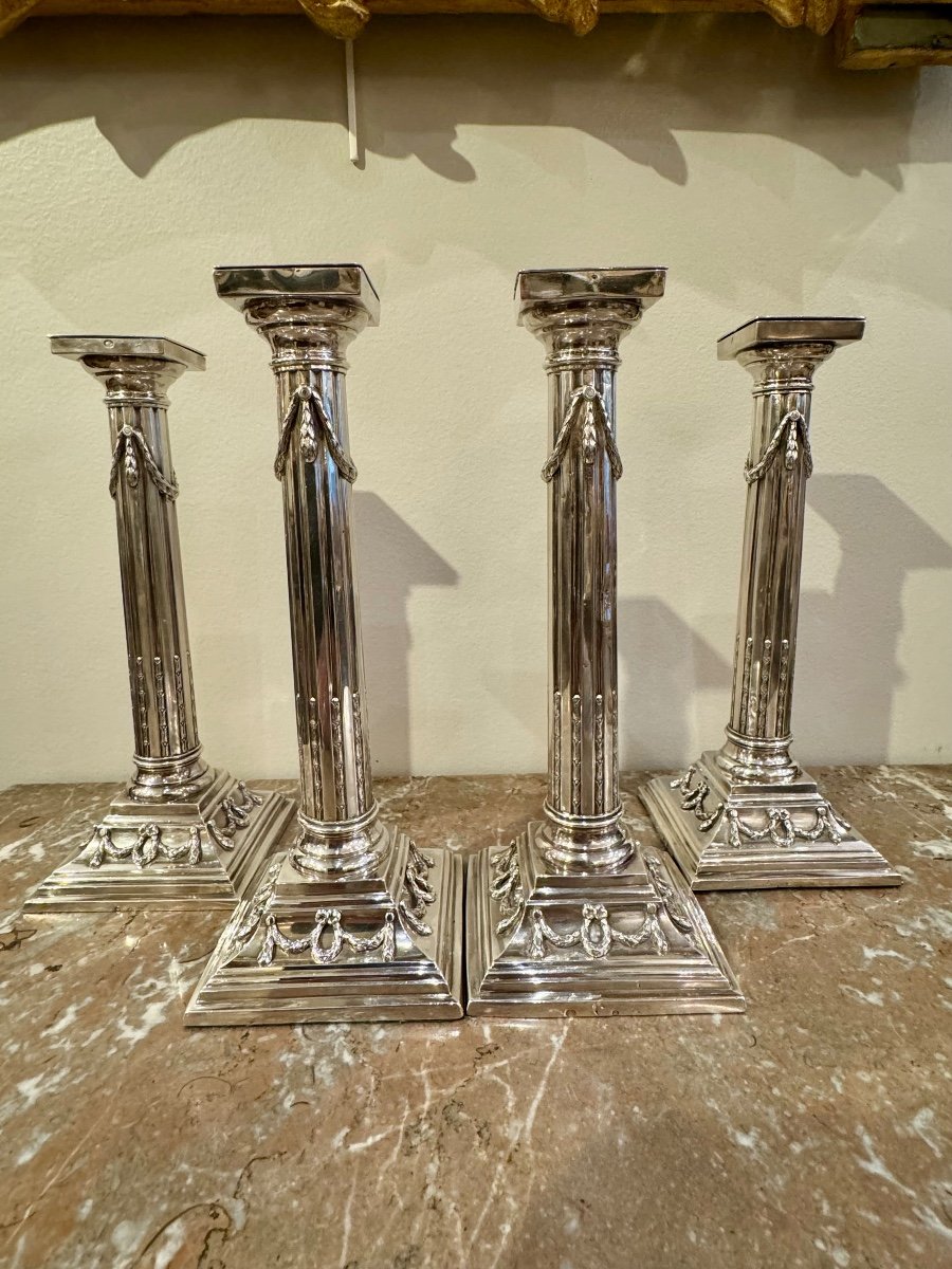 Set Of Four Candlesticks In Sterling Silver Late 18th-photo-1