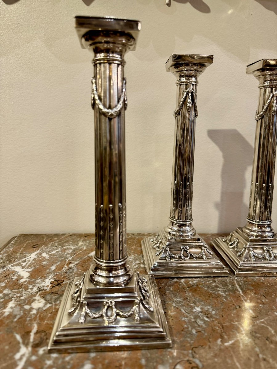 Set Of Four Candlesticks In Sterling Silver Late 18th-photo-7