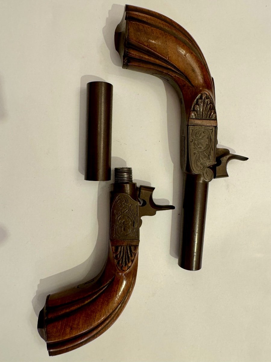 Paire De Pistolets à Coffre, Crosse Renaissance En Noyer Epoque XIXème-photo-8
