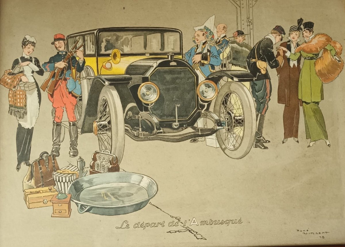 Paire d'Aquarelles Gouachées Signées René Vincent "Le Départ Et Le Retour De l'Ambusqué" 1915-photo-2