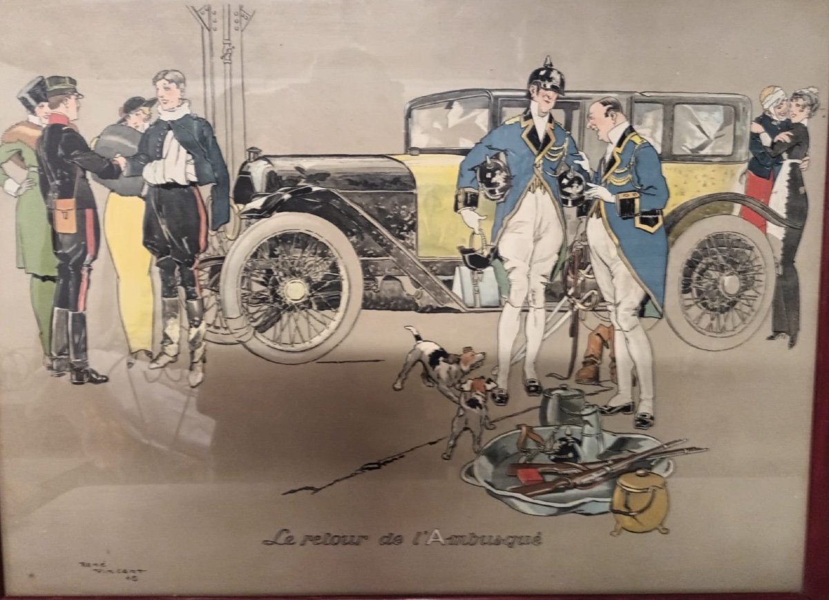 Paire d'Aquarelles Gouachées Signées René Vincent "Le Départ Et Le Retour De l'Ambusqué" 1915-photo-3