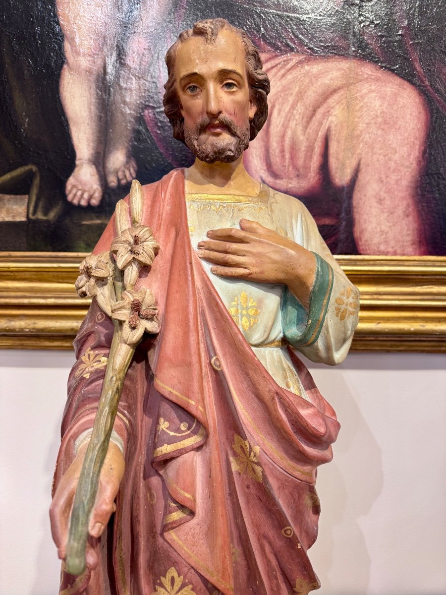 "saint Joseph" Statue En Terre Cuite Polychrome Circa 1900-photo-3