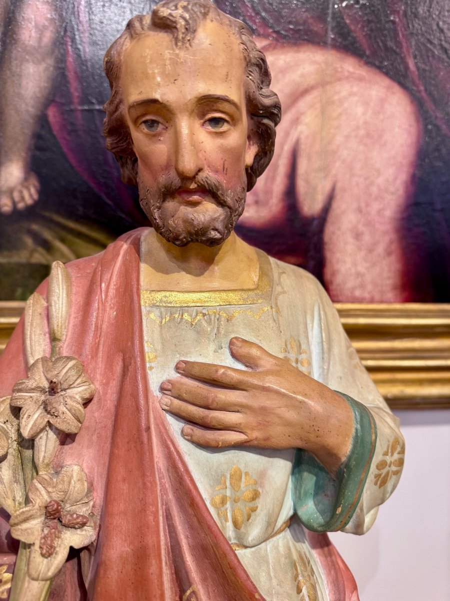 "saint Joseph" Statue En Terre Cuite Polychrome Circa 1900-photo-4