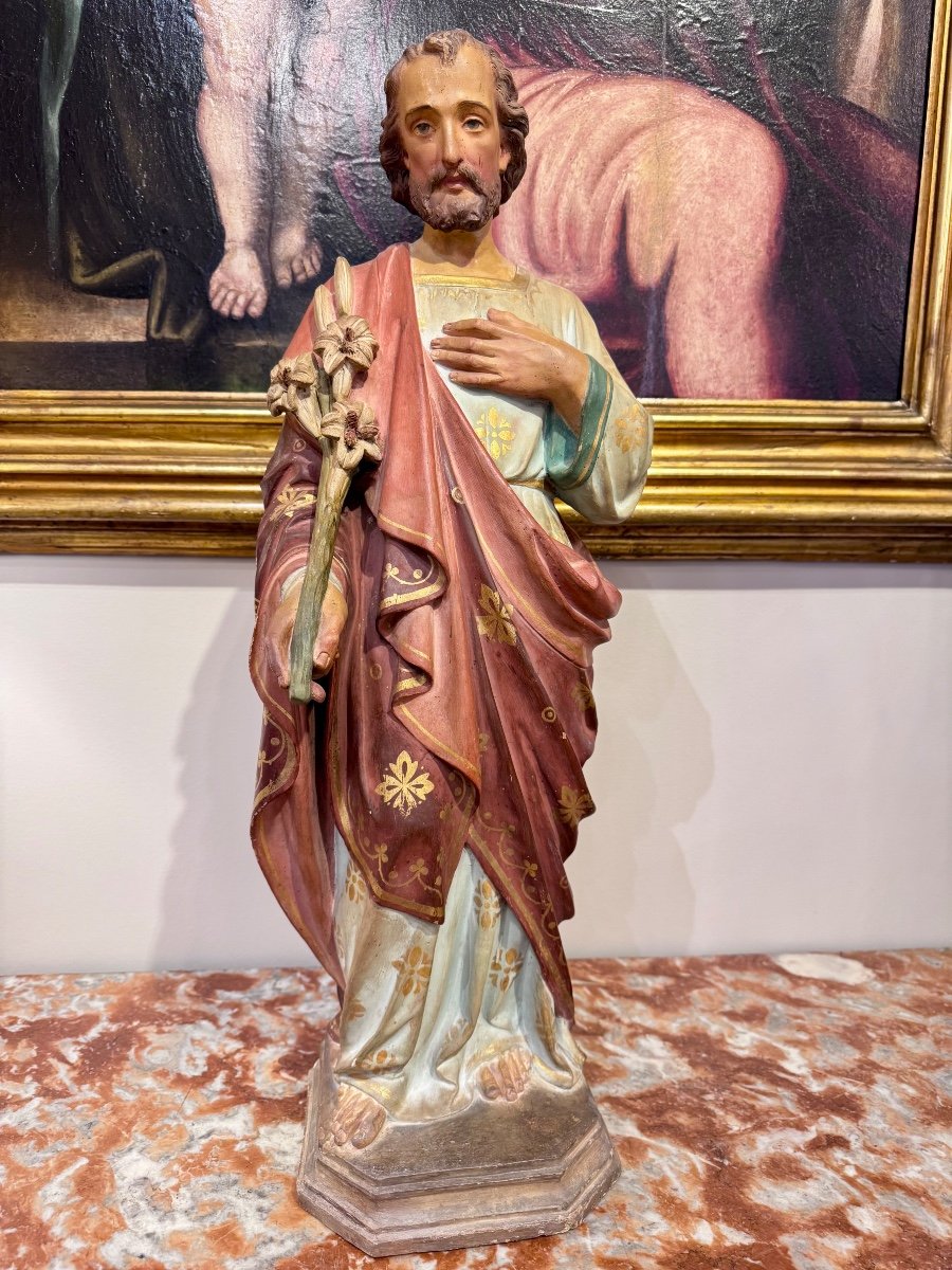 "saint Joseph" Statue En Terre Cuite Polychrome Circa 1900