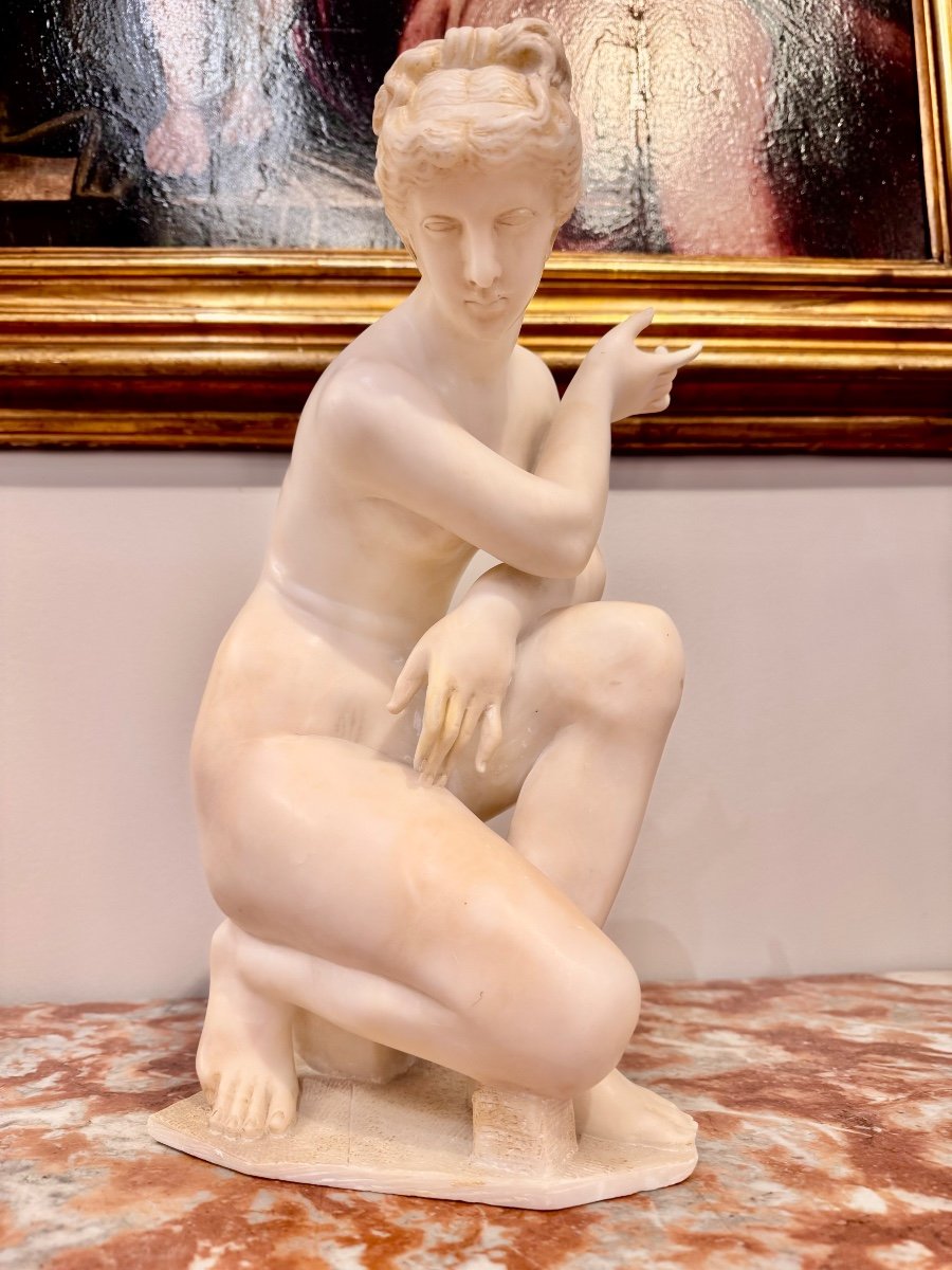 Alabaster Statue From  The Antique "aphrodite Surprised In The Bath" Or "venus De Lely"" -photo-4