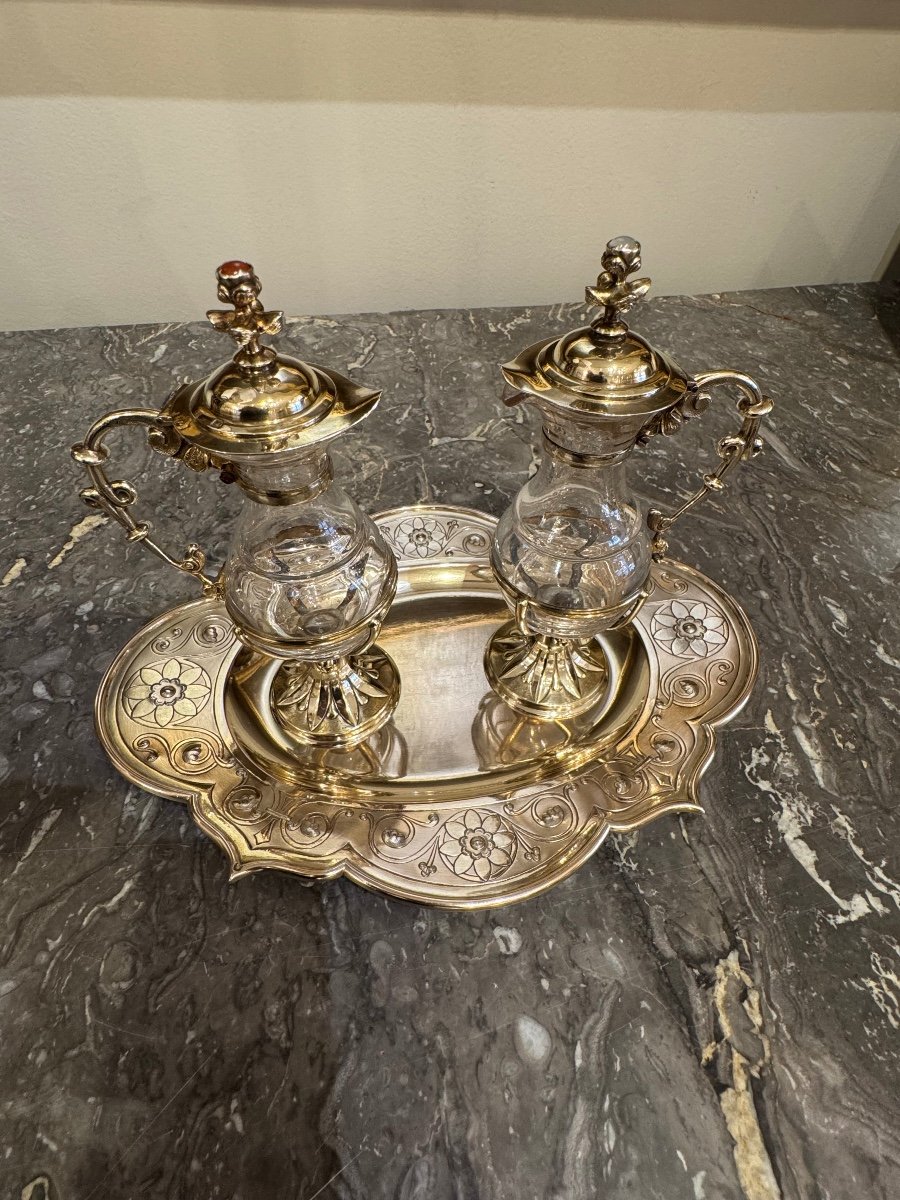 Pair Of Cruets With Their Tray In Sterling Silver Gilt. Triouillier & Fils Circa 1865.-photo-3