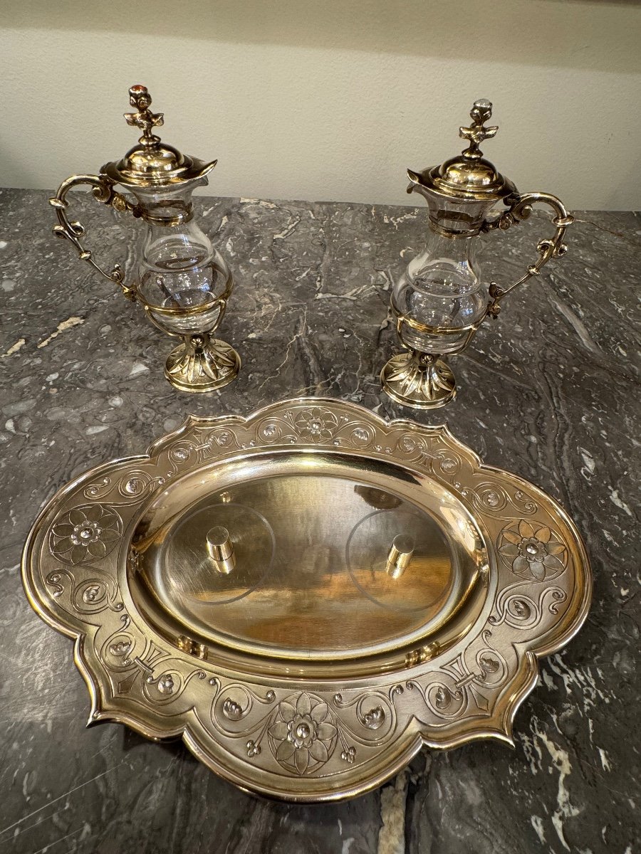 Pair Of Cruets With Their Tray In Sterling Silver Gilt. Triouillier & Fils Circa 1865.-photo-4