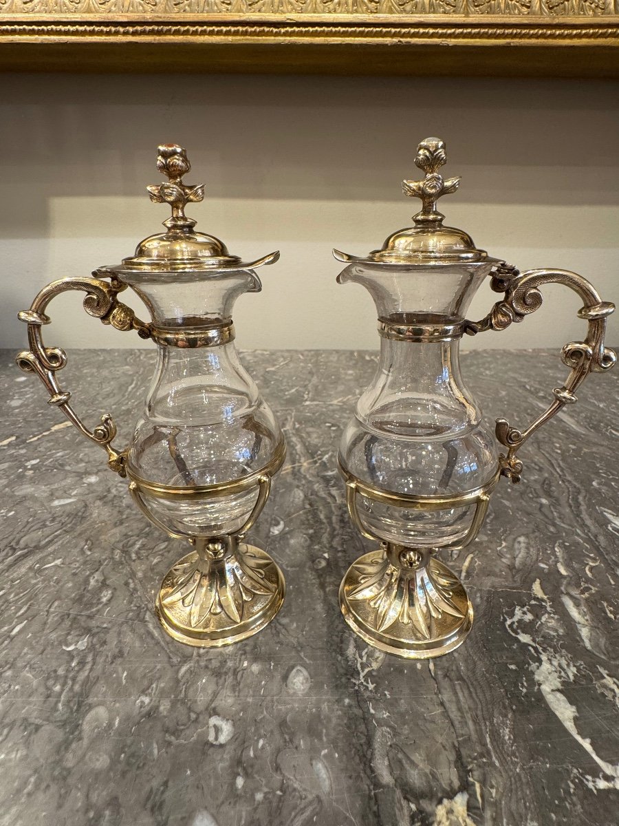 Pair Of Cruets With Their Tray In Sterling Silver Gilt. Triouillier & Fils Circa 1865.-photo-8