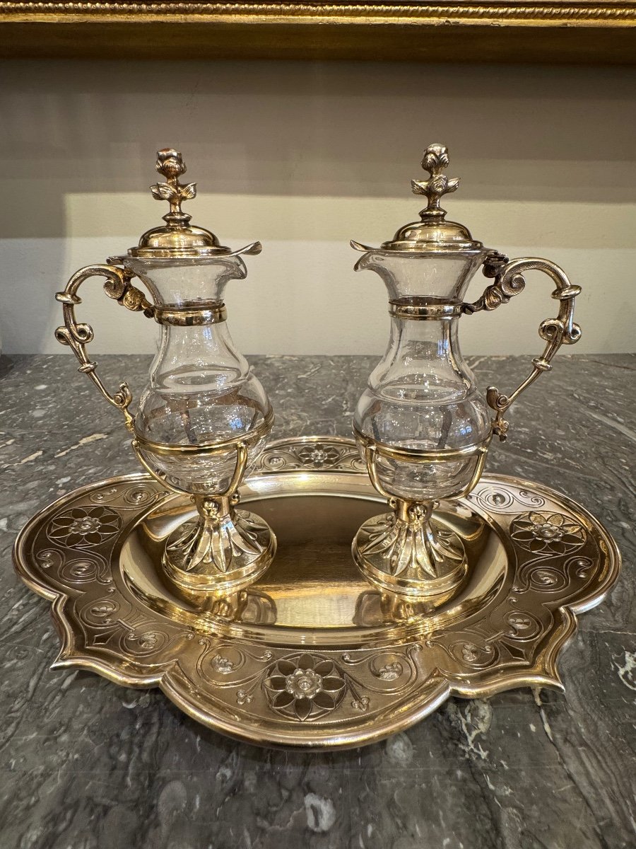 Pair Of Cruets With Their Tray In Sterling Silver Gilt. Triouillier & Fils Circa 1865.