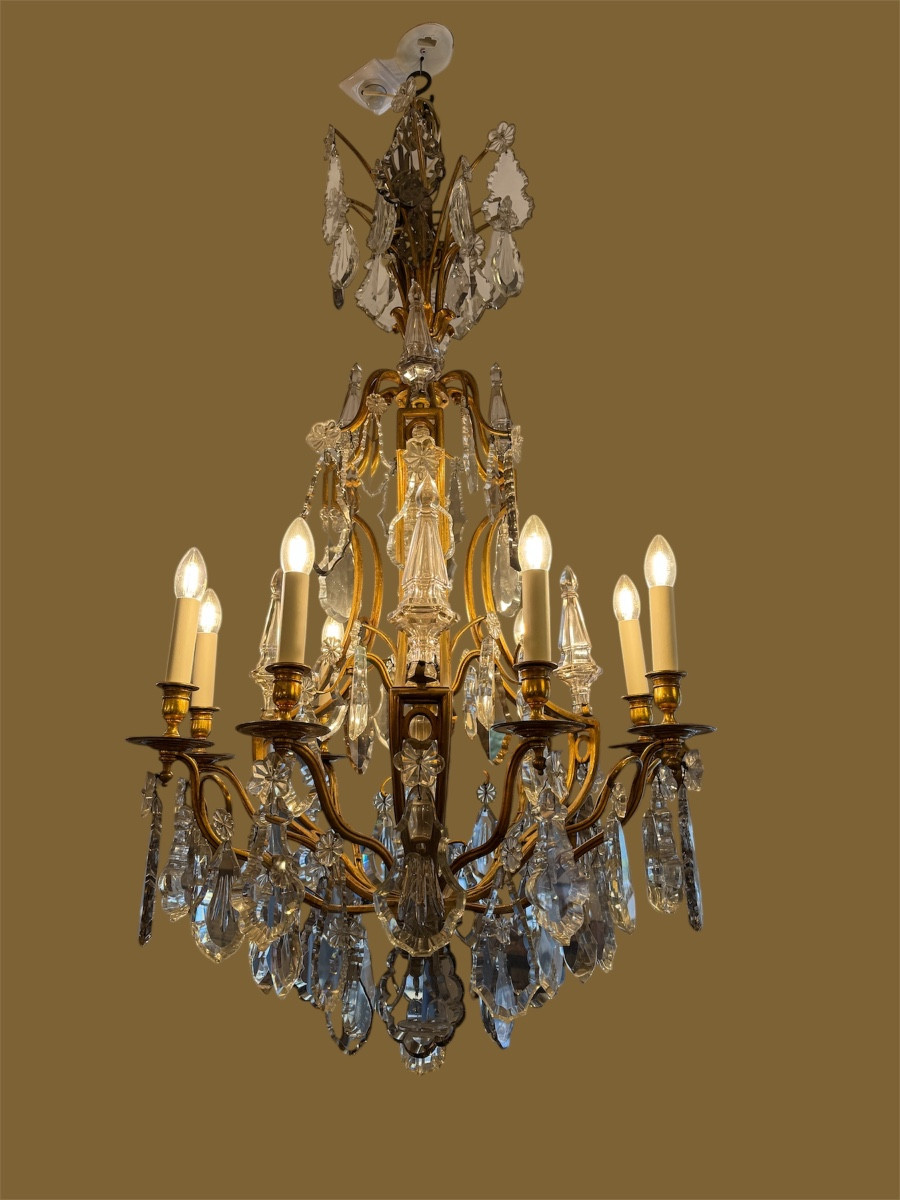 Large 9-light Chandelier In Bronze And Crystal, Late 19th Century-photo-2