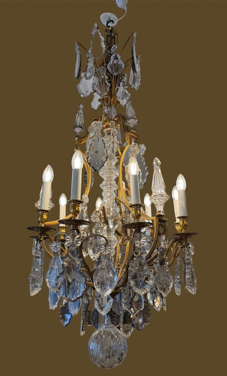 Large 9-light Chandelier In Bronze And Crystal, Late 19th Century-photo-3