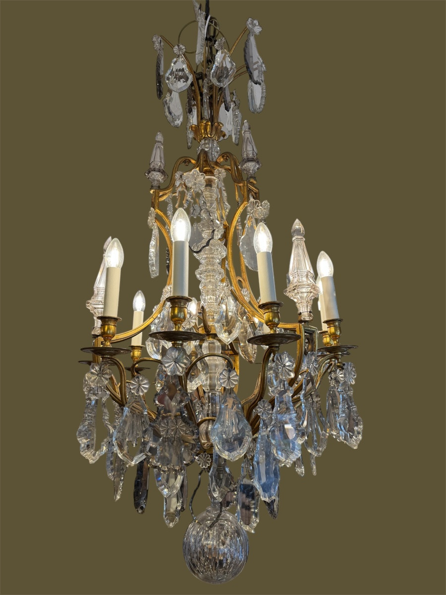 Large 9-light Chandelier In Bronze And Crystal, Late 19th Century-photo-4