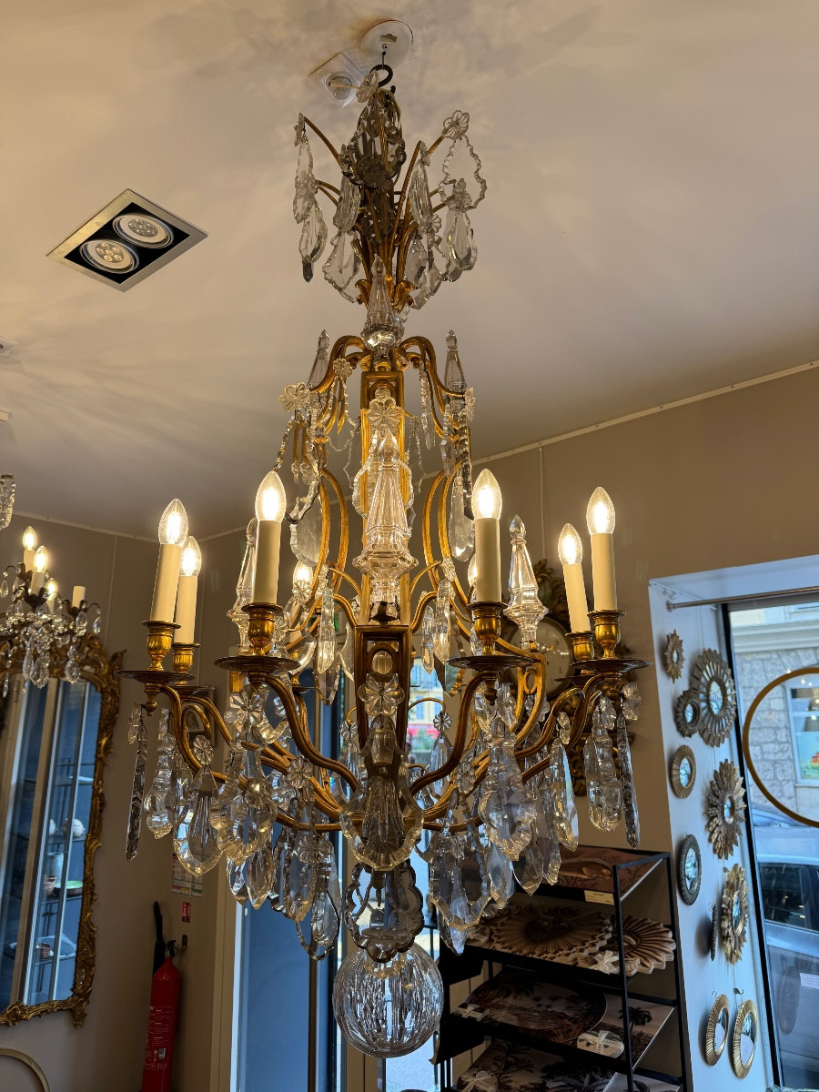 Large 9-light Chandelier In Bronze And Crystal, Late 19th Century-photo-1