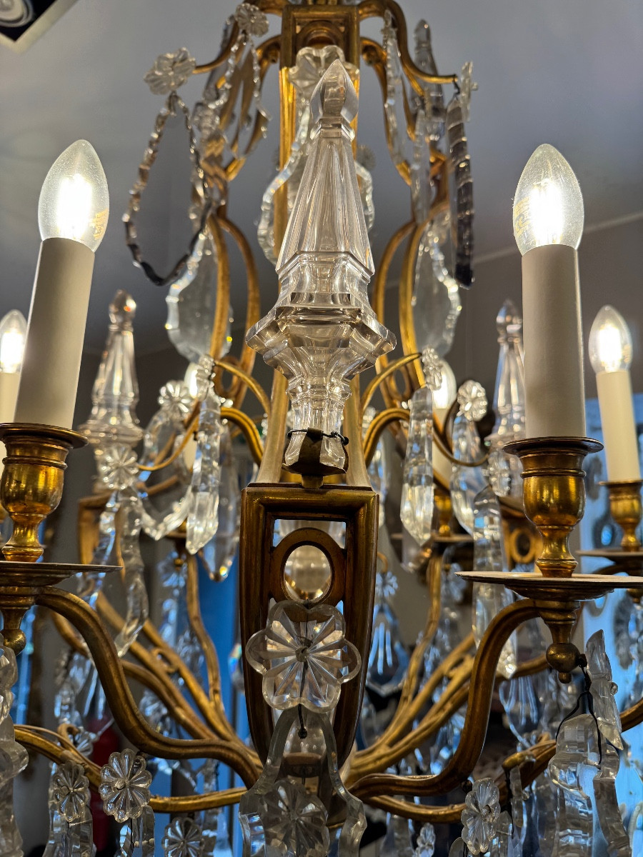 Large 9-light Chandelier In Bronze And Crystal, Late 19th Century-photo-2