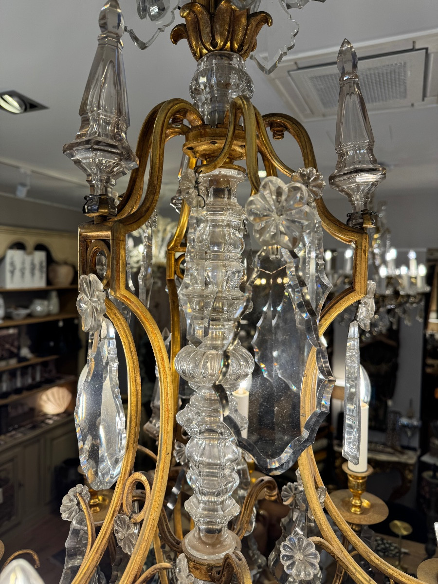 Large 9-light Chandelier In Bronze And Crystal, Late 19th Century-photo-4