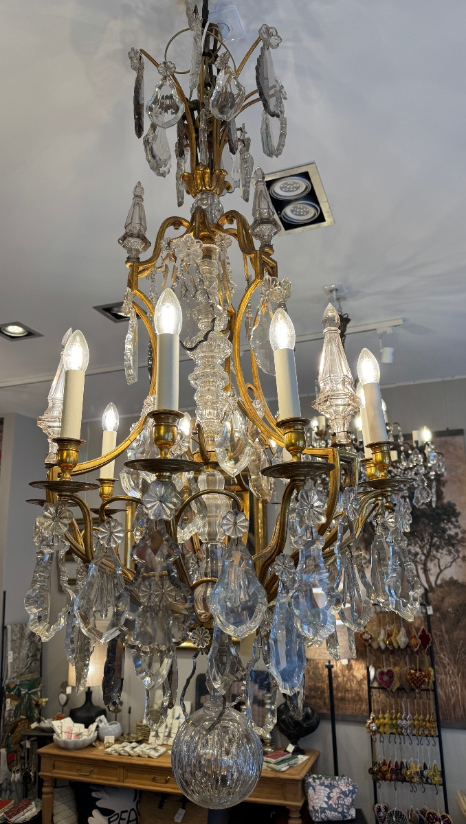 Large 9-light Chandelier In Bronze And Crystal, Late 19th Century-photo-8