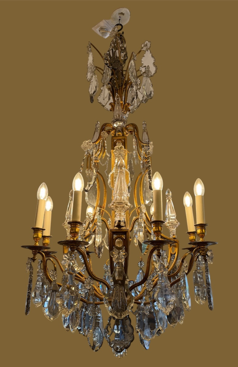 Large 9-light Chandelier In Bronze And Crystal, Late 19th Century