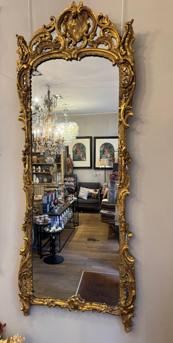 Large Gilded Wooden Mirror With Glazing Beads, 18th Century Provence-photo-2