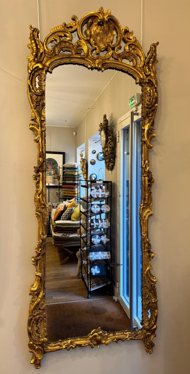 Large Gilded Wooden Mirror With Glazing Beads, 18th Century Provence