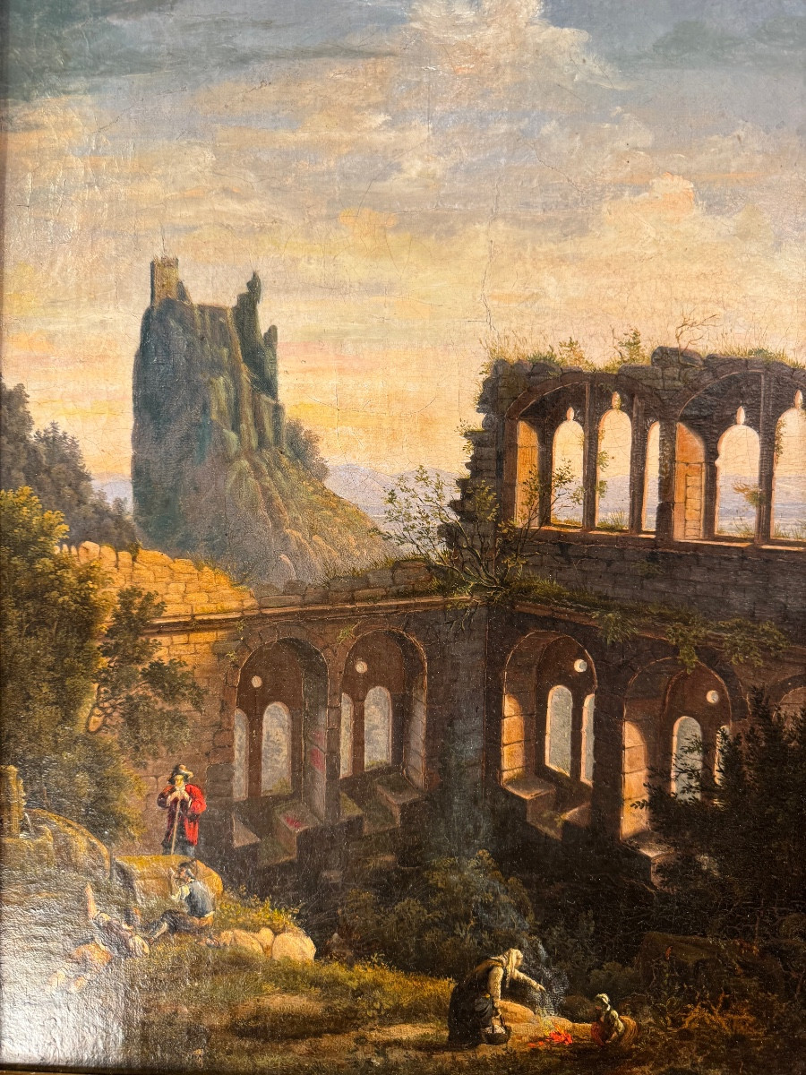 Italian School, Early 19th Century "animated Scene In Ruins" Hst-photo-2