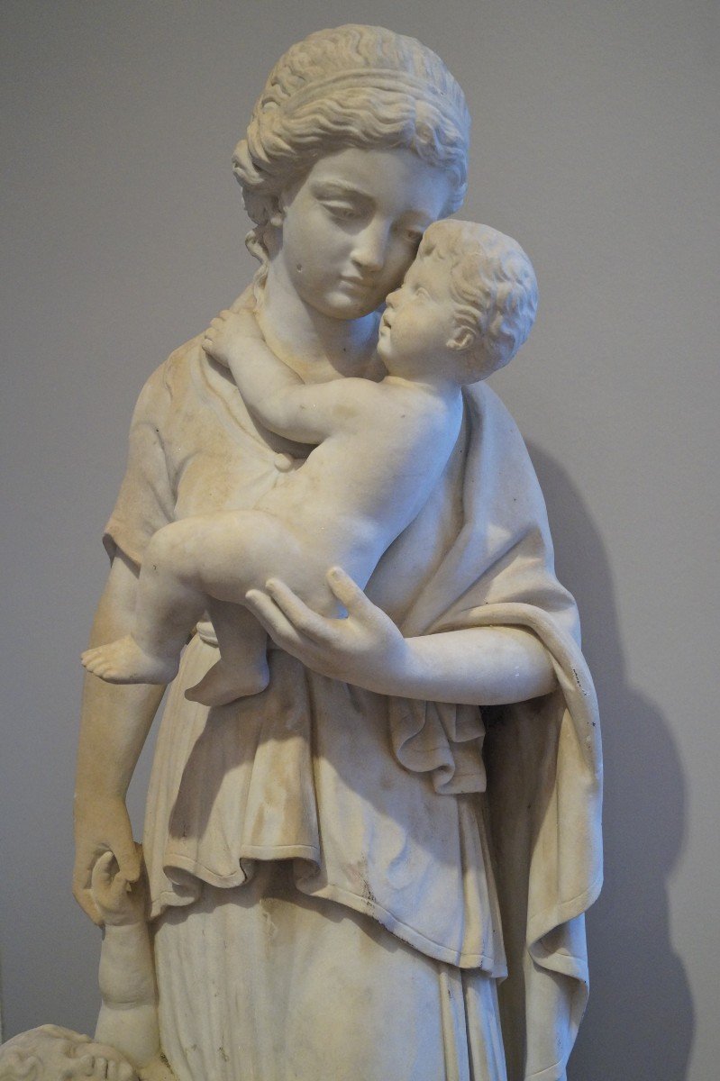 "madonna And Child And Saint John The Baptist": Large Group In White Marble Early 19th Century-photo-3