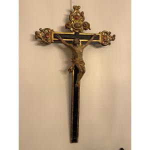 Crucifix En Bois Sculpté Polychrome, Travail Catalan XVIIIème