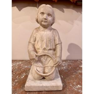 Statue En Marbre "enfant Au Cerceau" Italie Fin 16ème - Début 17ème