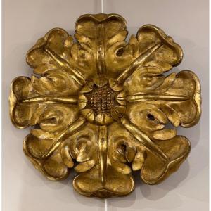 Large Rosette In Carved And Gilded Oak 