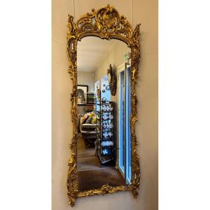 Large Gilded Wooden Mirror With Glazing Beads, 18th Century Provence