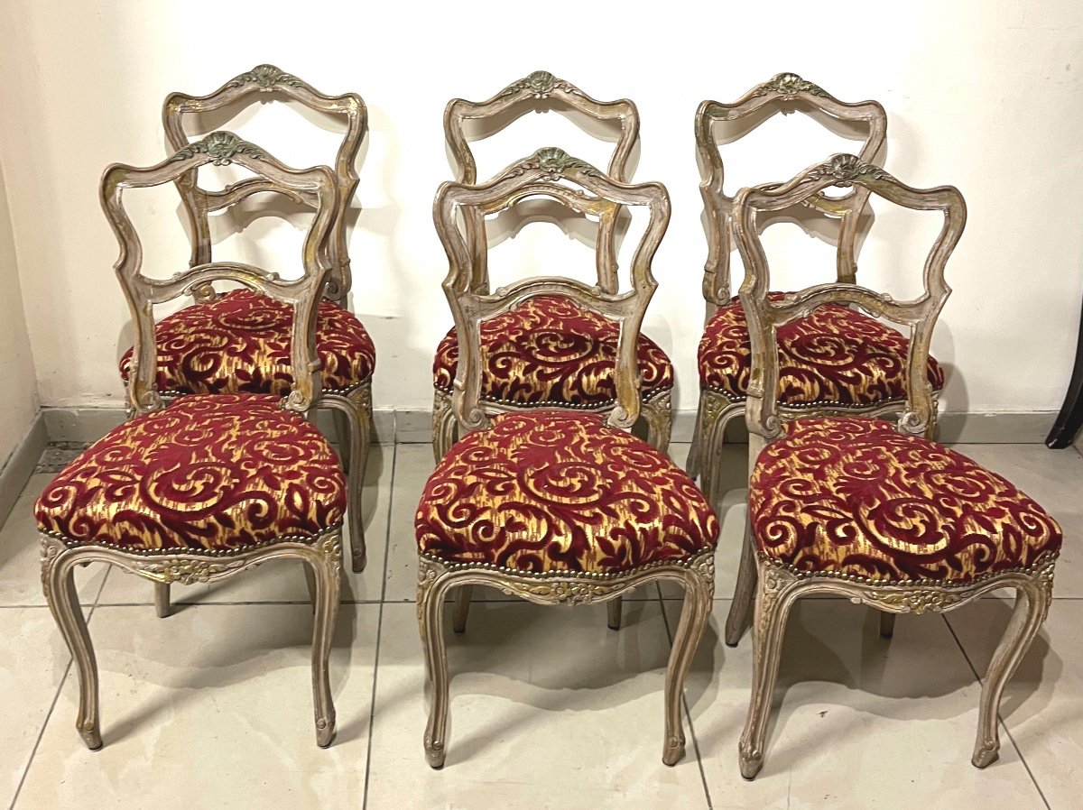 6 Gray Chairs Enhanced With Gold Paint Louis XV Style