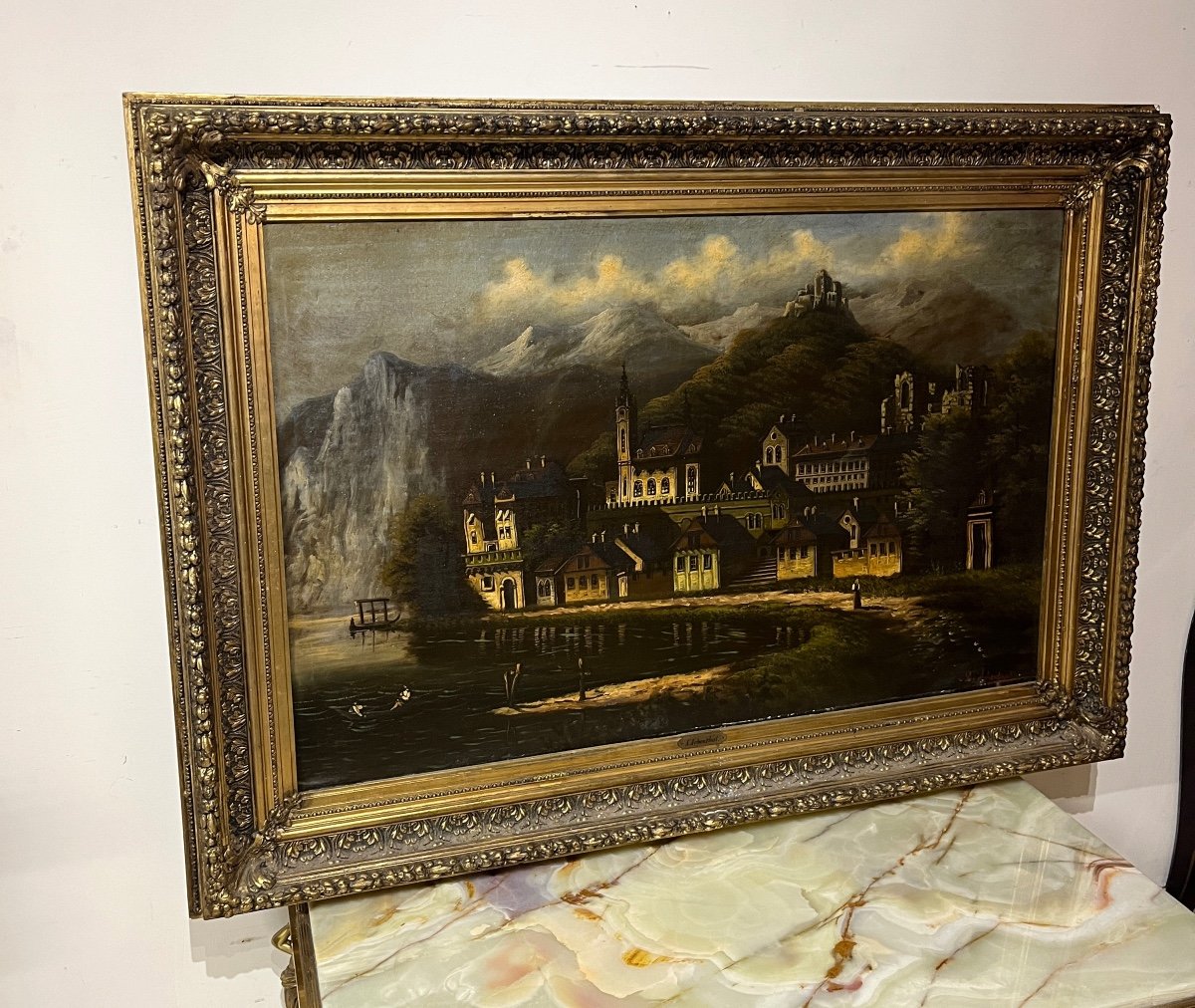 Tableau Chateau dans La Montagne, Huile Sur Toile cadre doré-photo-3